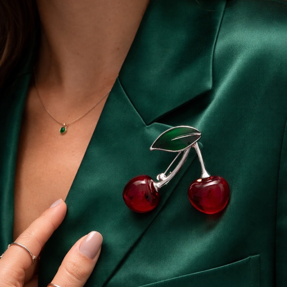 Red Cherry Silver Brooch